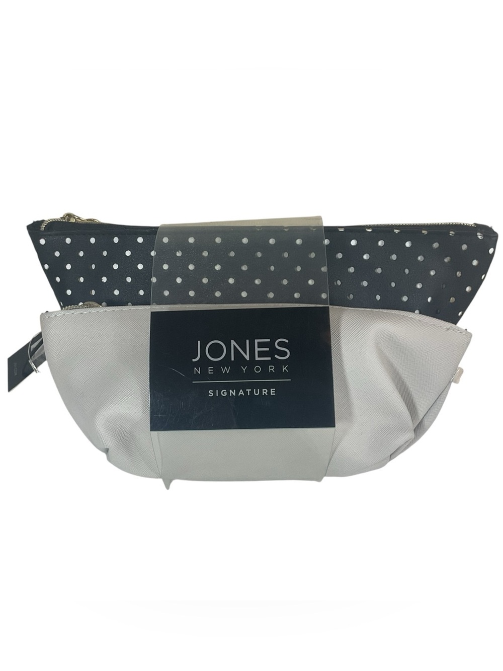 Jones New York Signature 2 Pc Cosmetic Bag Set Black White Polka Dot Beige PVC N